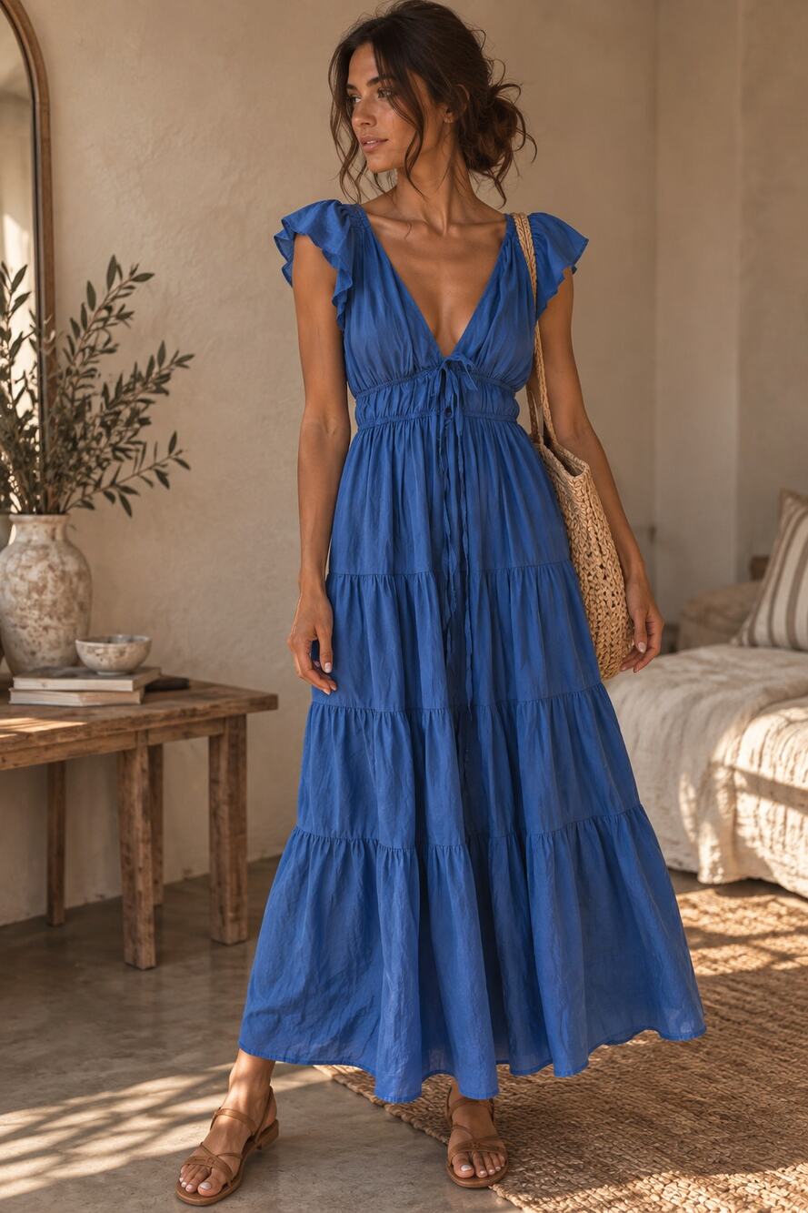Mable Royal Blue Flutter Sleeve V-Neck Tiered Ruffle Midi Dress Size S